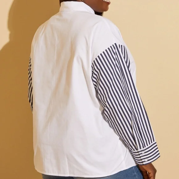 Plus ASHLEY STEWART Blue Striped Sleeved White Cotton Blend Shirt 14 - Picture 2 of 5